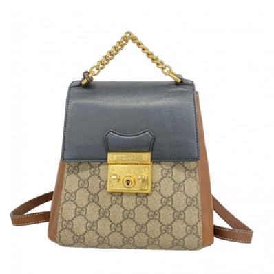 【6db1691-k】グッチ リュック・デイパック GGスプリーム 498194 PVC ブラウン ブラック ゴールド金具【中古】レディース