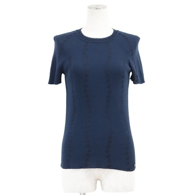 新品同様 シャネル P53600 ニット リブ コットン/リネン 水玉 ドット ジャガード ショートスリーブ セーター レディース ネイビー 38 CHANEL