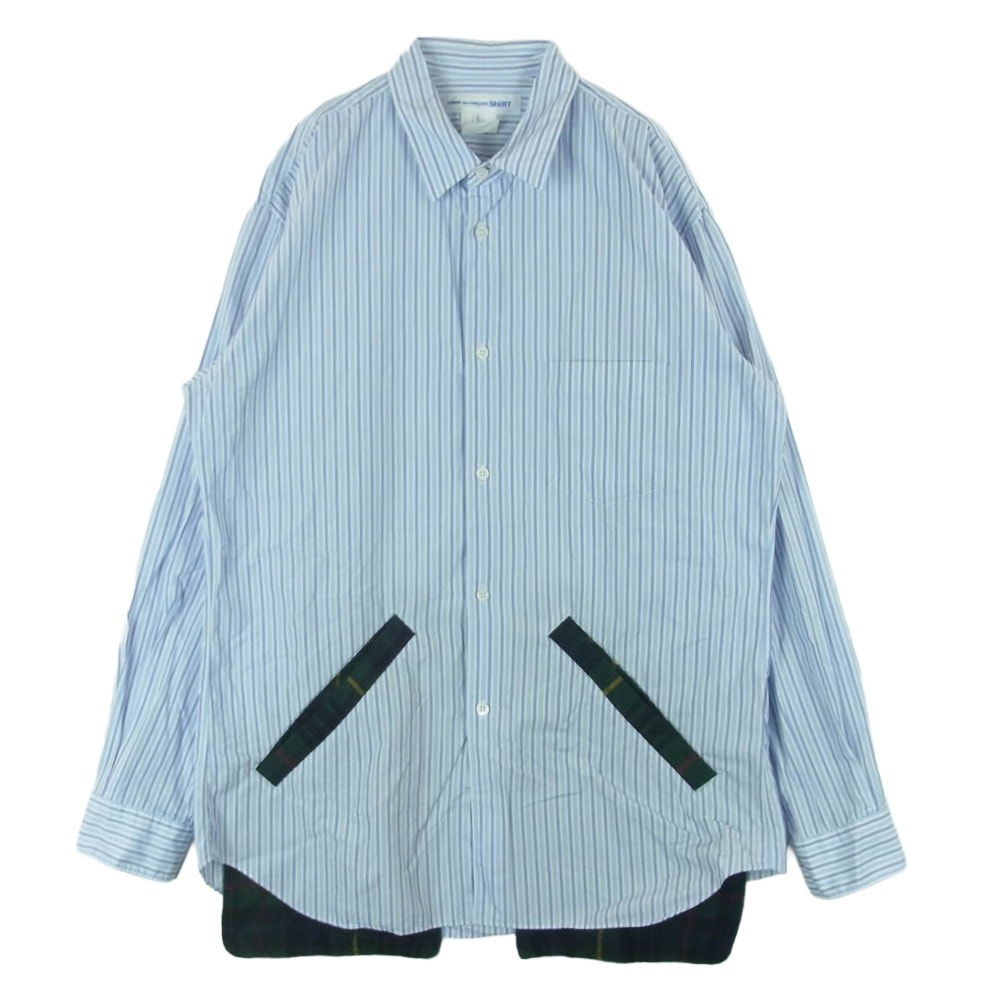 COMME des GARCONS コムデギャルソン OT-B003 SHIRT シャツ チェックレイヤード ポケット付き ストライプ 長袖 ロング シャツ ライトブルー系 ホワイト系 L【中古】