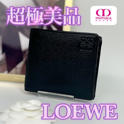 超極美品 LOEWE アナグラム レザー コンパクト 二つ折り財布 ブラック レディース メンズ