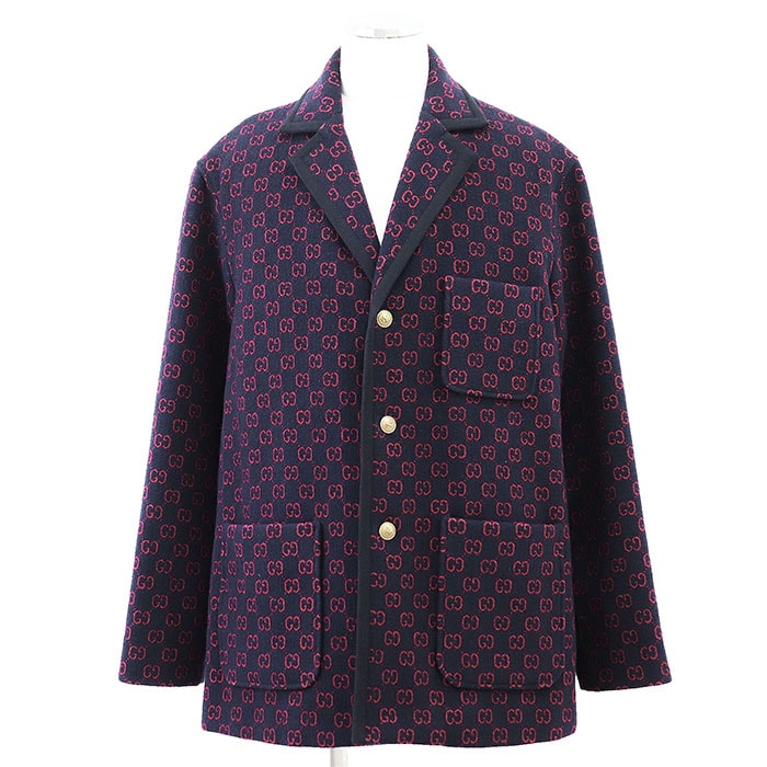 【美品】 グッチ GG 総柄 ジャガード 金ボタン チェスター コート コート メンズ ネイビー レッド 50 GUCCI