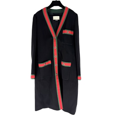 GUCCI グッチ コート ノーカラー ロングコート シェリーライン アウター 上着 服 44 ブラック 黒 ゴールド金具 ウール レディース 秋 冬【中古品】