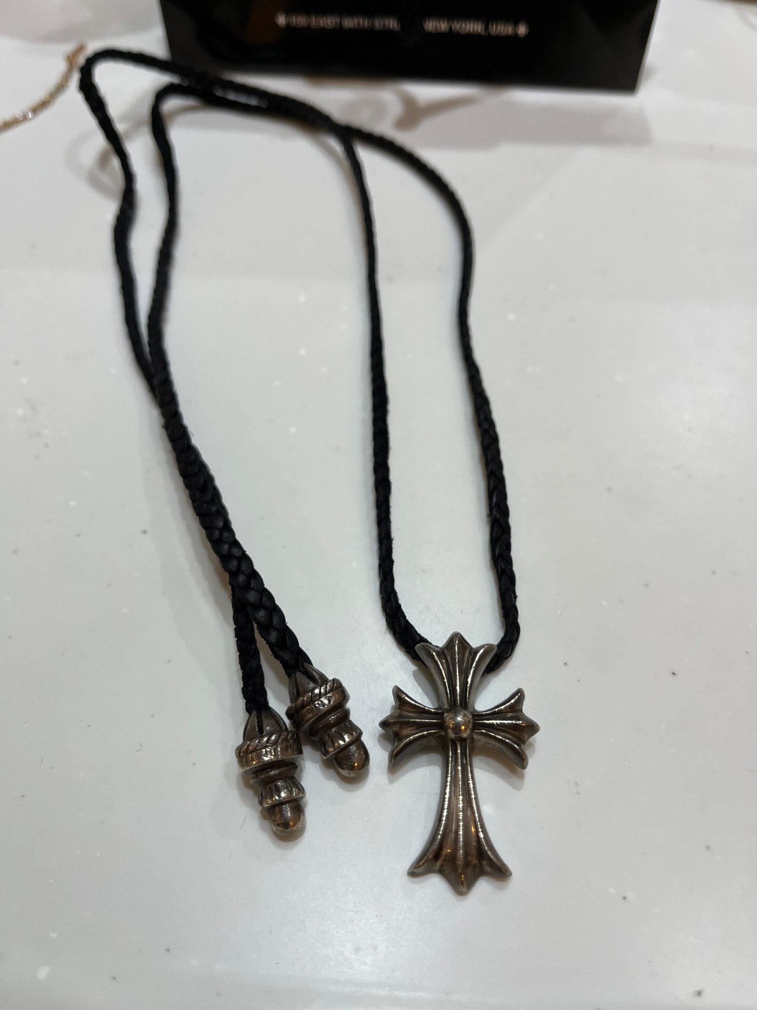 Chrome Hearts Small CH Cross Leather Braid W Bolo Tip Necklace "Silver"