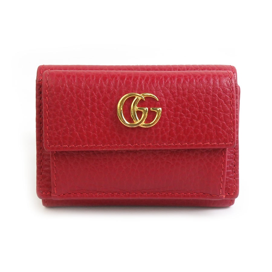 グッチ GUCCI 三つ折り財布 GGマーモント レザー レッド レディース 523277【中古】 r10350a