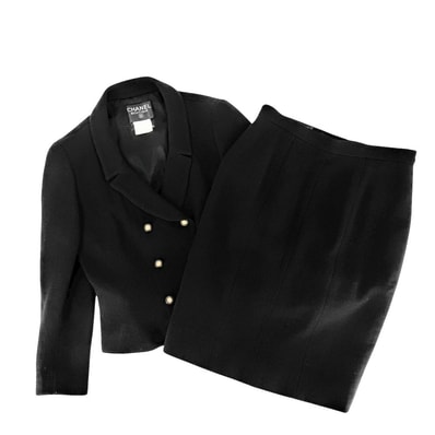 CHANEL シャネル セットアップ ジャケット スカート ヴィンテージ アパレル 服 ココマーク 42 ブラック 黒 シルバー金具 ウール レディース 秋 冬【中古品】