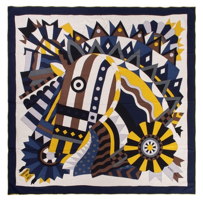 HERMES エルメス スカーフ カレ140 カレジェアン Cheval de Fete シュヴァル ドゥ フェット 243374S 01 カシシル ストール ショール カシミヤ シルク ネイビー イエロー【中古】