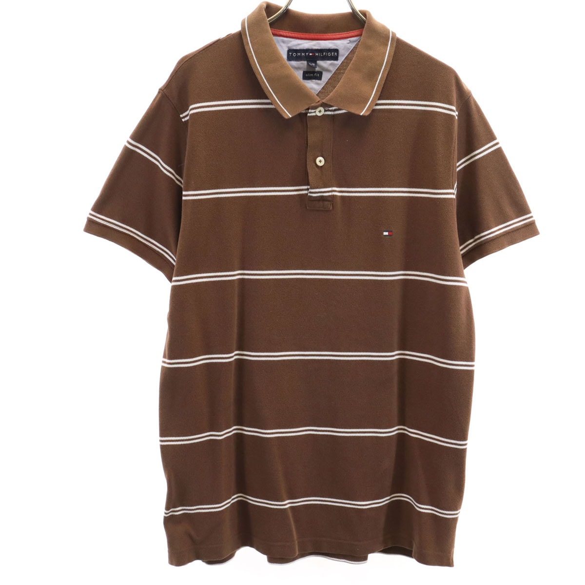 TOMMY HILFIGER トミーヒルフィガー ボーダー柄 半袖 ポロシャツ L ブラウン 鹿の子