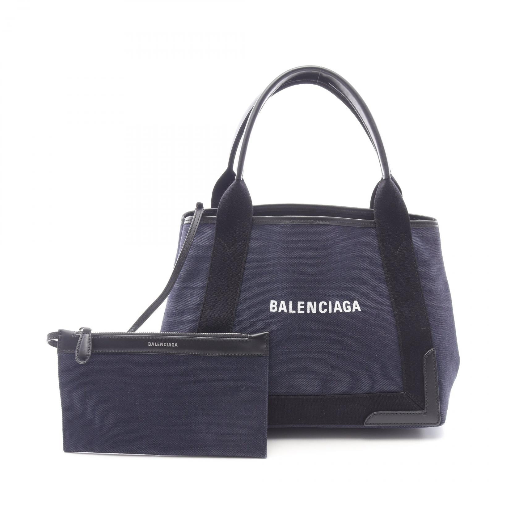 バレンシアガ BALENCIAGA NAVY CABAS S ネイビーカバ トートバッグ バッグ キャンバス レザー レディース ネイビー系 / ブラック系 339933 【中古】