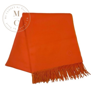 エルメス HERMES ダブルフェイス マフラー カシミヤ オレンジ ロゴ ストール