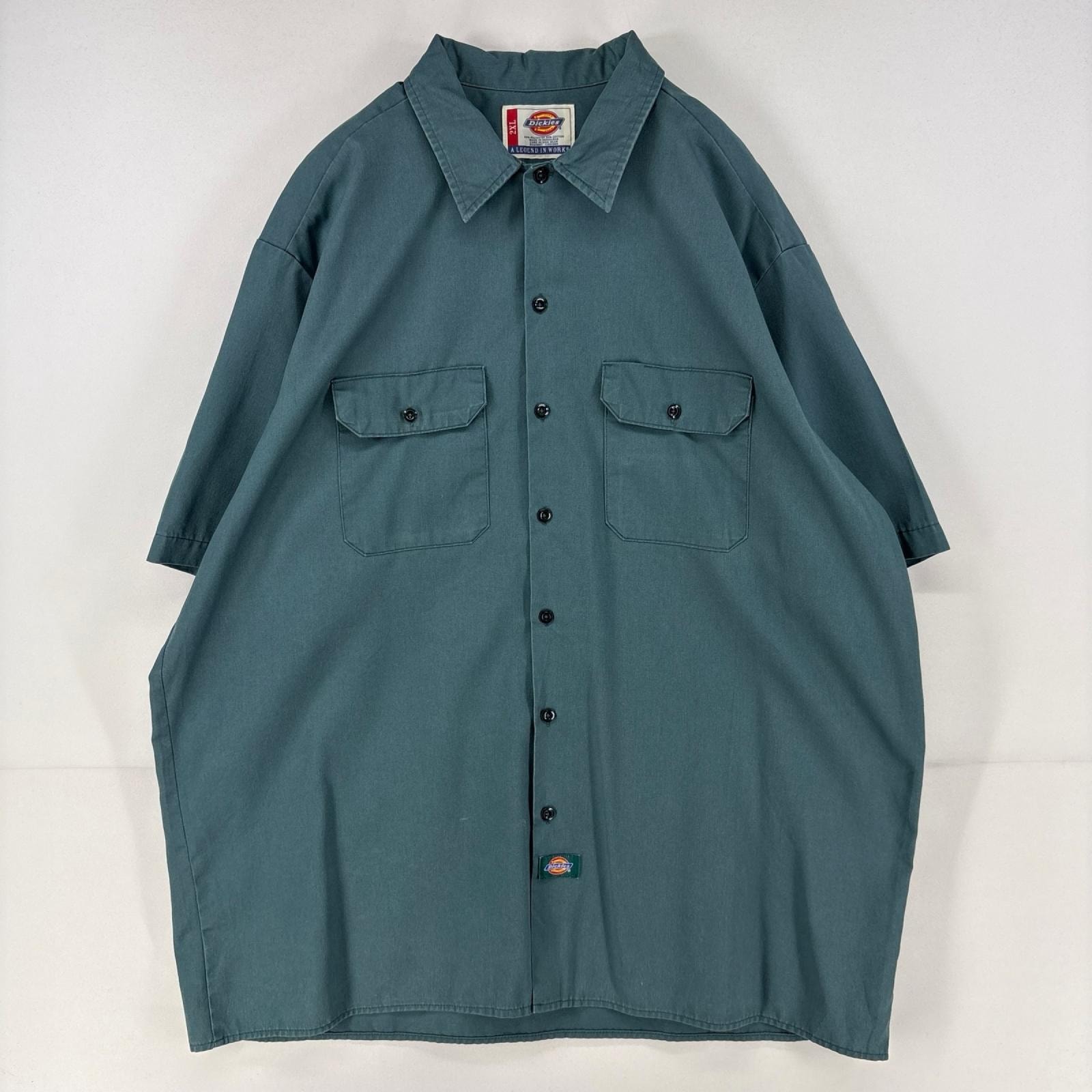古着 ディッキーズ Dickies 半袖シャツ ワンポイント ワーク ロゴ 胸ポケット 大きいサイズ 2XL グリーン系 メンズ