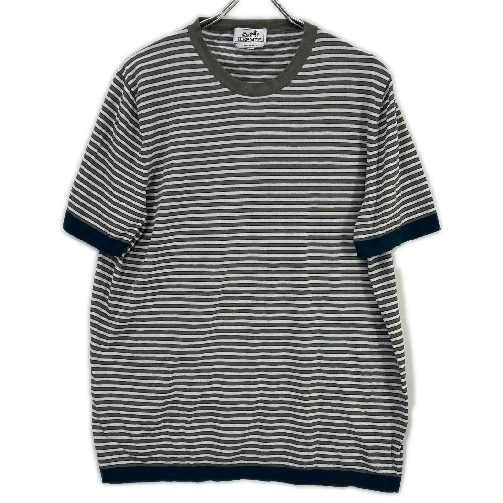エルメス 17SS ホワイト×グレー ボーダーコットン半袖ニット XL