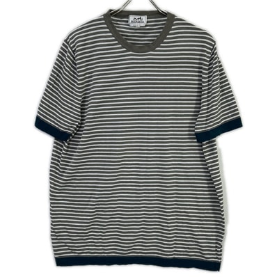 エルメス 17SS ホワイト×グレー ボーダーコットン半袖ニット XL