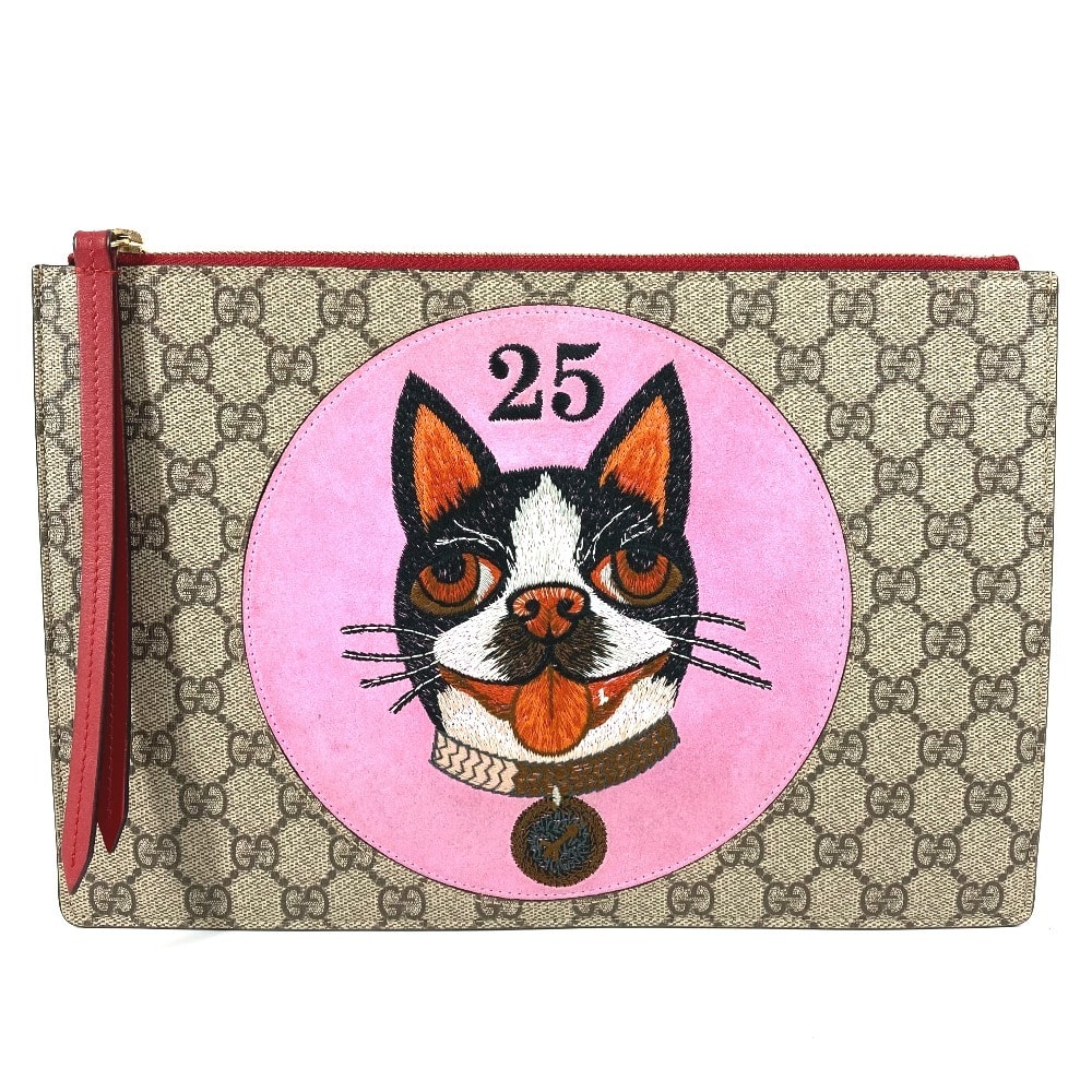 グッチ GUCCI BOSCO ボスコ アップリケ 506280 GGスプリーム 犬 ドッグ ポーチ カバン セカンドバッグ クラッチバッグ GGスプリームキャンバス ベージュ