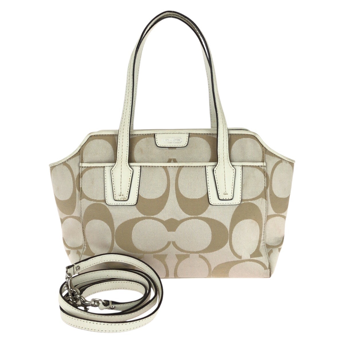COACH コーチ シグネチャー 2way ベージュ ホワイト シルバー金具 キャンバス レザー/ トートバッグ ショルダーバッグ 604087 【中古】