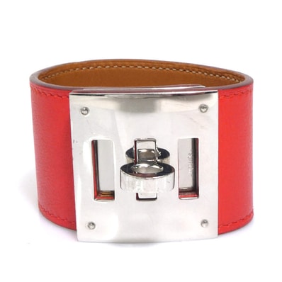 エルメス HERMES ブレスレット ケリードッグ レザー/メタル オレンジレッド/シルバー レディース【中古】 e61189a