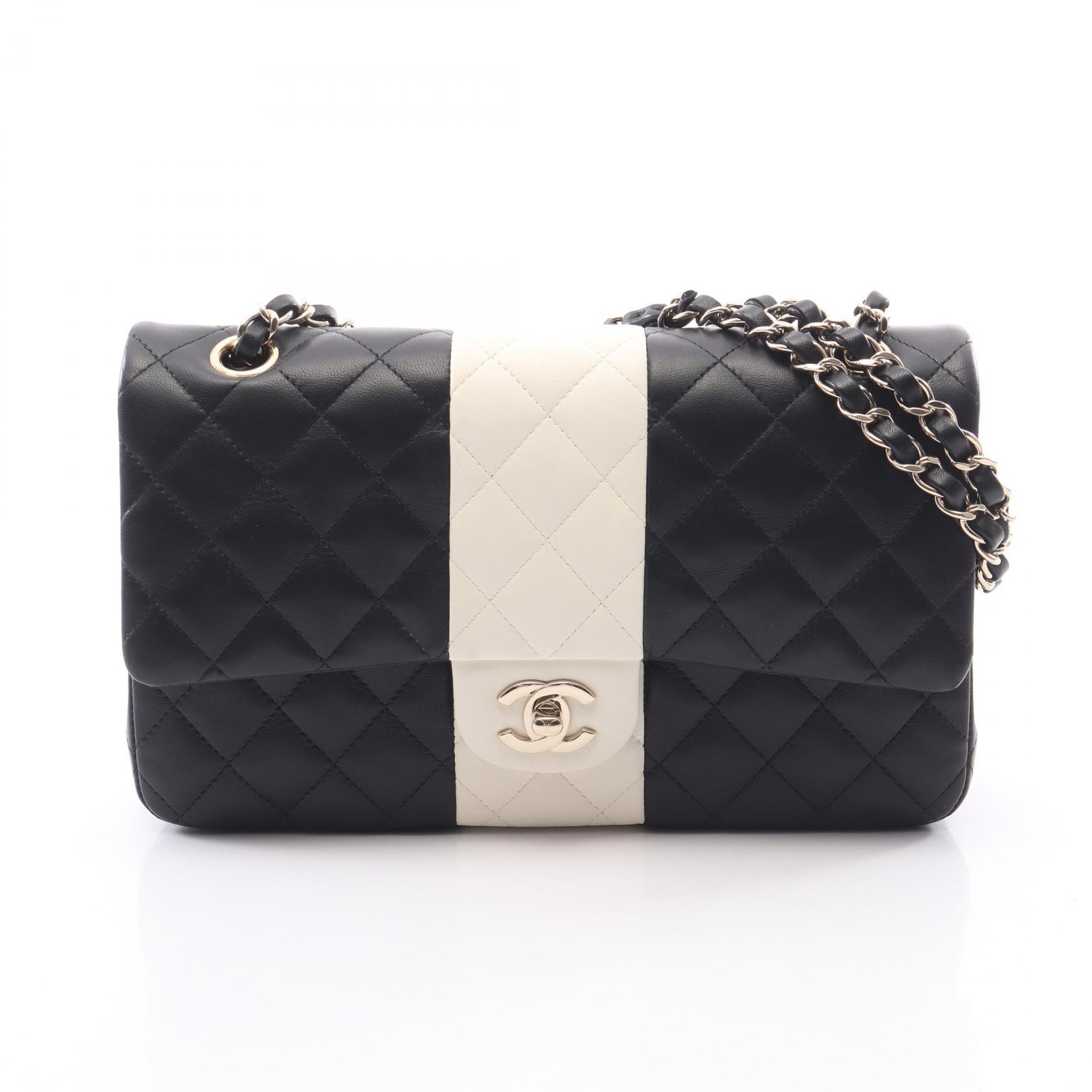 シャネル CHANEL マトラッセ Wフラップ ショルダーバッグ バッグ ラムスキン(羊革) レディース ブラック系 / ホワイト系 A01112 【中古】