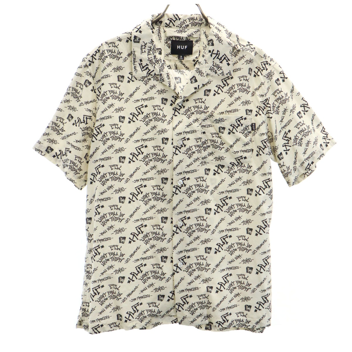 HUF ハフ 日本製 総柄 半袖 オープンカラーシャツ S アイボリー