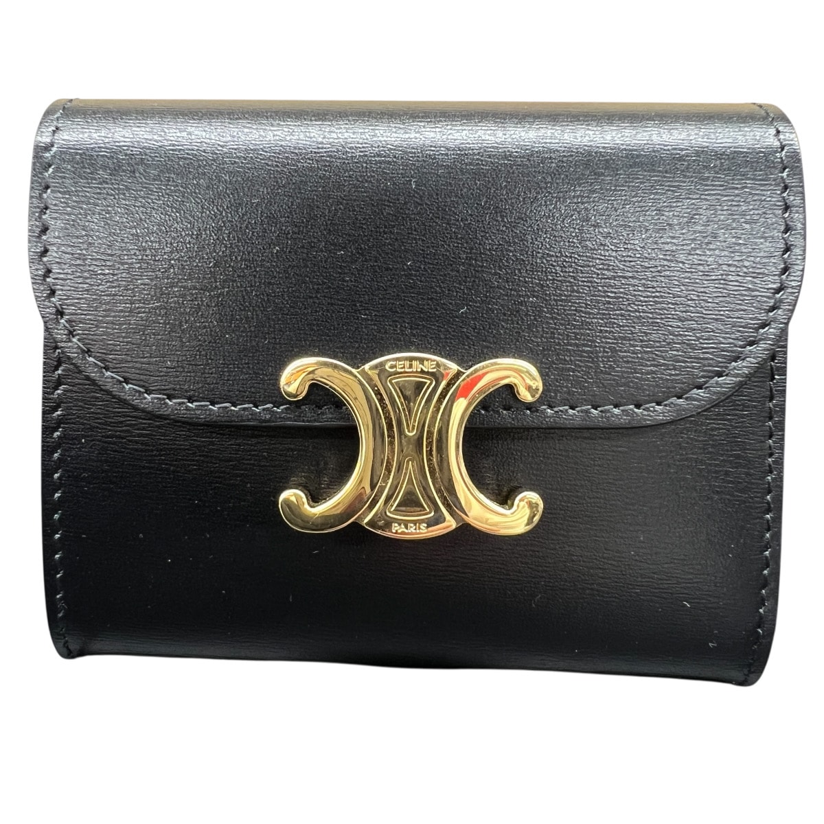 CELINE 極美品 セリーヌ SMALL FLAP WALLET トリオンフ スモール フラップ ウォレット 三つ折り財布 10D783 レザー ブラック ゴールド コンパクトウォレット ミニ財布 マカダム Aランク 中古 鑑定済 セリーヌ財布