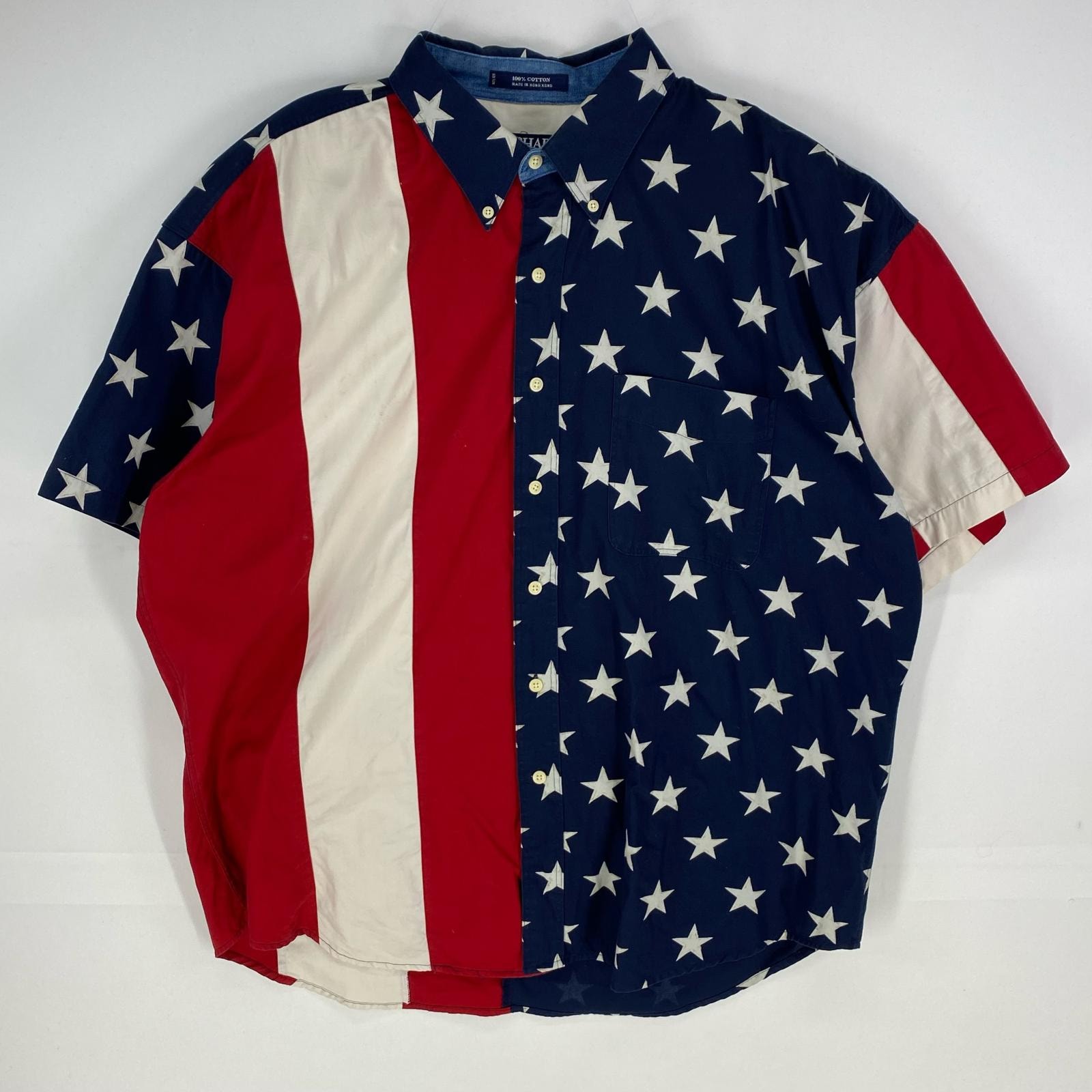 古着 チャップスラルフローレン CHAPS RALPHLAUREN 半袖シャツ 星条旗 ボタンダウン 胸ポケット XL  レッド系 総柄 メンズ