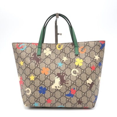 GUCCI(グッチ)チルドレンズ GGスプリーム ホースプリント トートバッグ ハンドバッグ 馬柄 スター フラワー マルチカラー PVCコーティングキャンバス グリーン レディース 410812【中古】