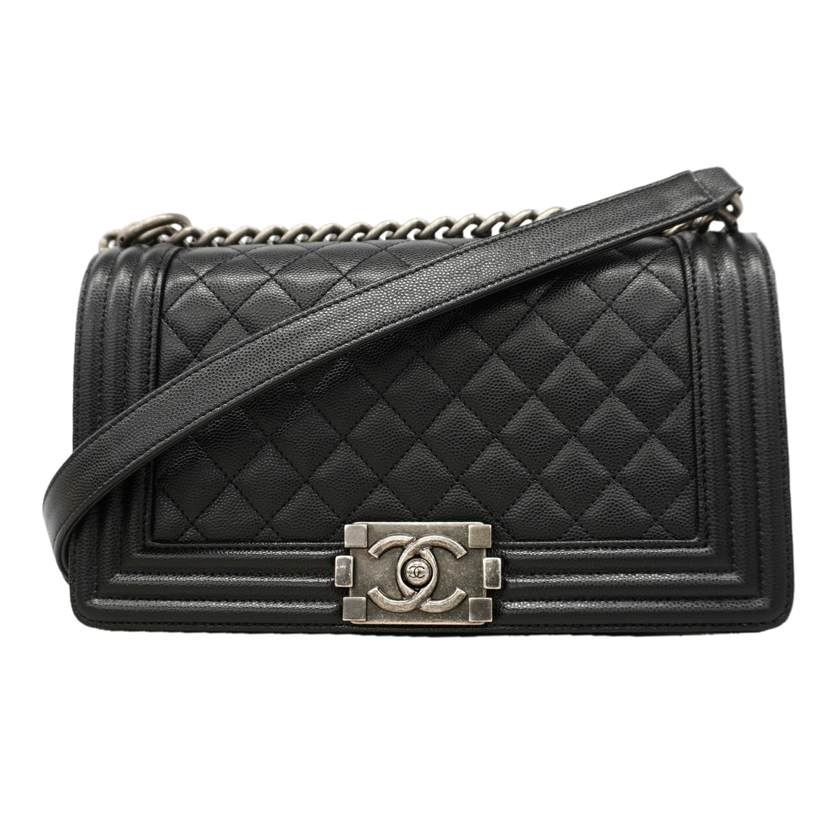 ★SALE【6hc2468】シャネル ショルダーバッグ ボーイシャネル チェーンショルダー キャビアスキン ブラック シルバー金具【中古】レディース