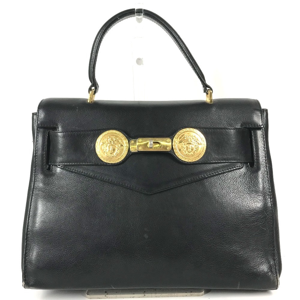 ヴェルサーチ VERSACE ロゴ メデューサ ヴィンテージ カバン フラップ トートバッグ ハンドバッグ レザー ブラック