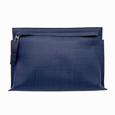 LOEWE ロエベ アナグラム クラッチバッグ T ポーチ ケース レザー ブルー メンズ 【中古】
