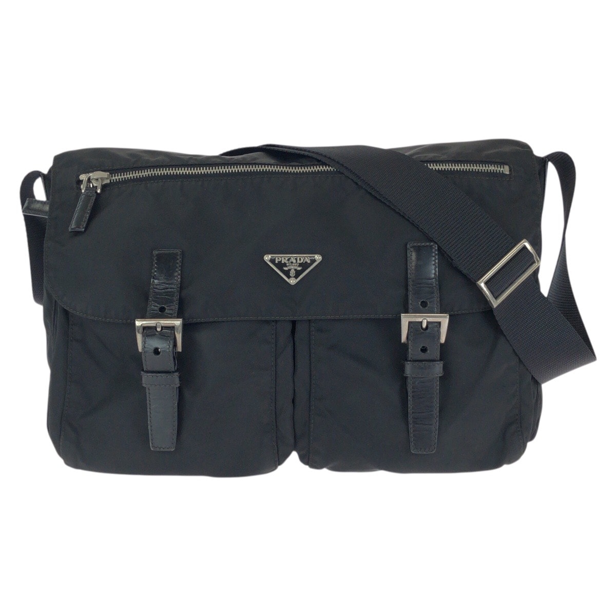 美品 PRADA プラダ テスート 三角ロゴプレート ブラック 黒 シルバー金具 ナイロン レザー/ ショルダーバッグ メッセンジャーバッグ 601318 【中古】