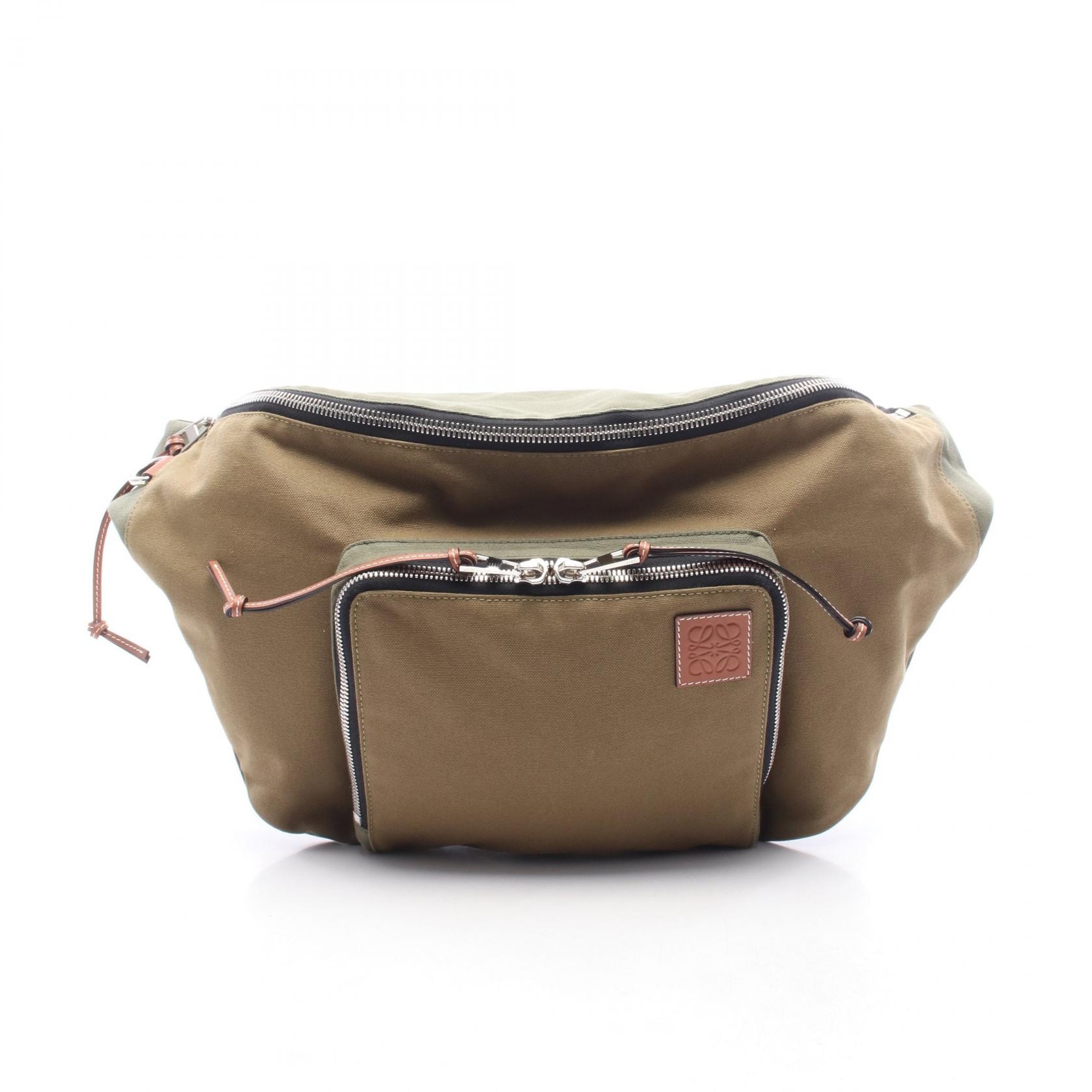 ロエベ LOEWE アナグラム バムバッグ XL リュックサック バックパック バッグ キャンバス レザー メンズ カーキ系 / ブラウン系 【中古】