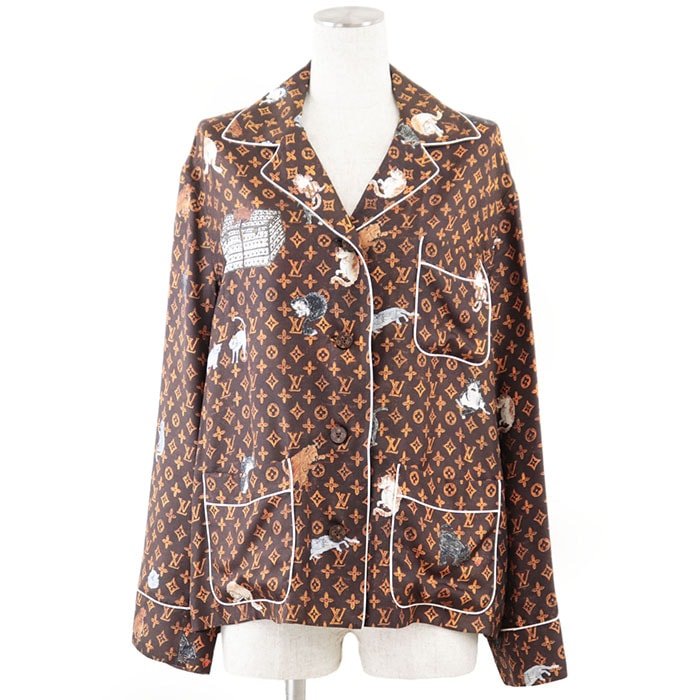 【美品】 ルイ・ヴィトン 2019SS キャットグラム LV モノグラム パジャマ 長袖シャツ レディース ブラウン 36 LOUIS VUITTON