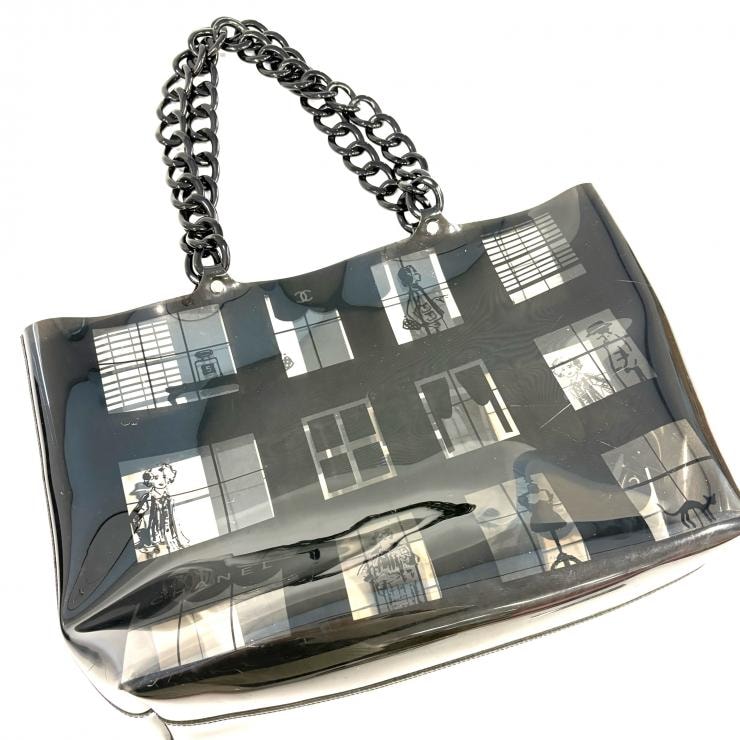 シャネル CHANEL ウィンドウズ プラスチックチェーン ブラック クリア PVC トート【鑑定済み】正規品