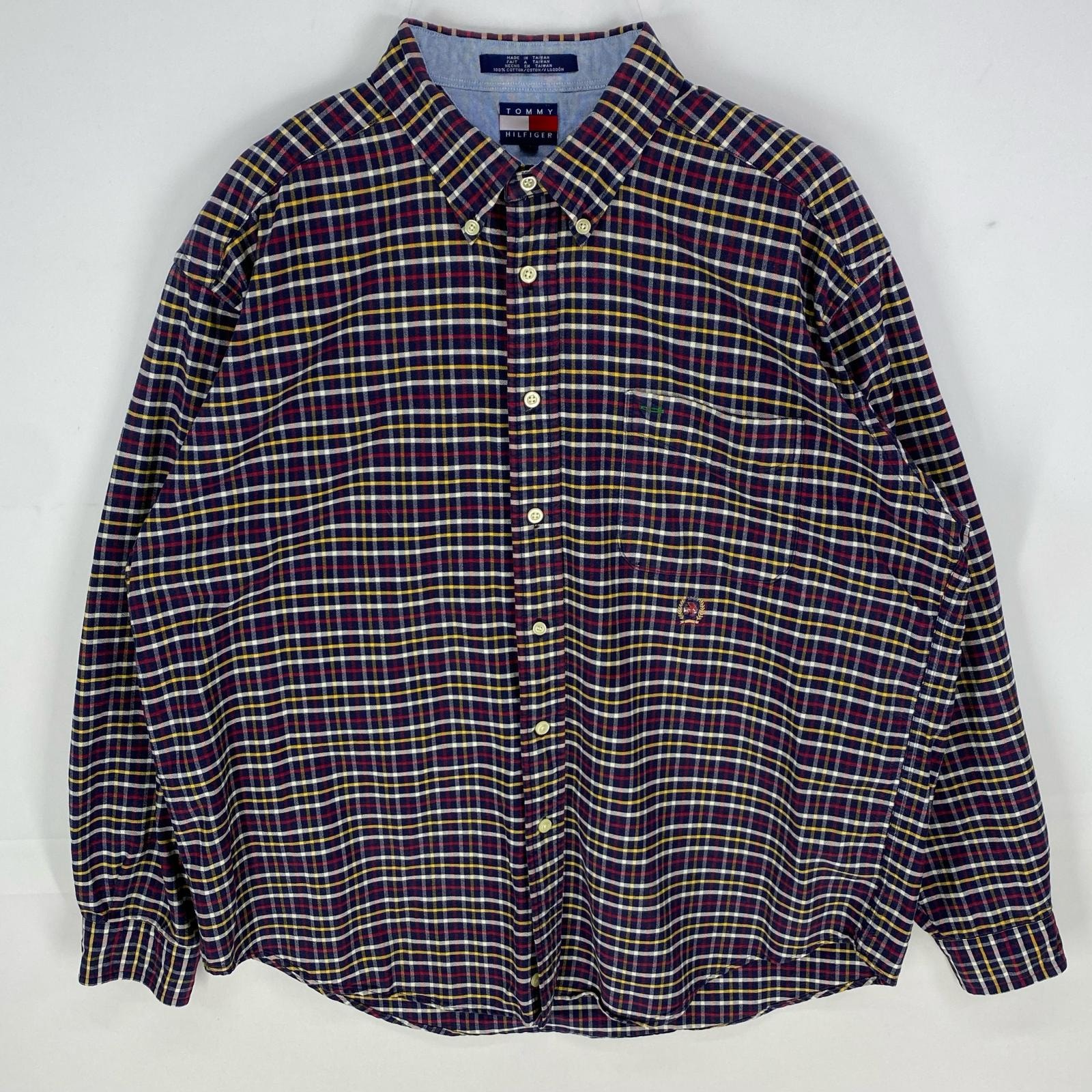 古着 90's/90年代 トミーヒルフィガー TOMMY HILFIGER 長袖シャツ ボタンダウン ワンポイント 胸ポケット XL  ネイビー系 メンズ