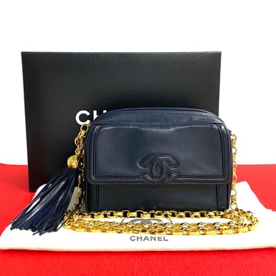 CHANEL シャネル ココマーク フリンジ チェーン ラムスキン ショルダーバッグ ネイビー
35965