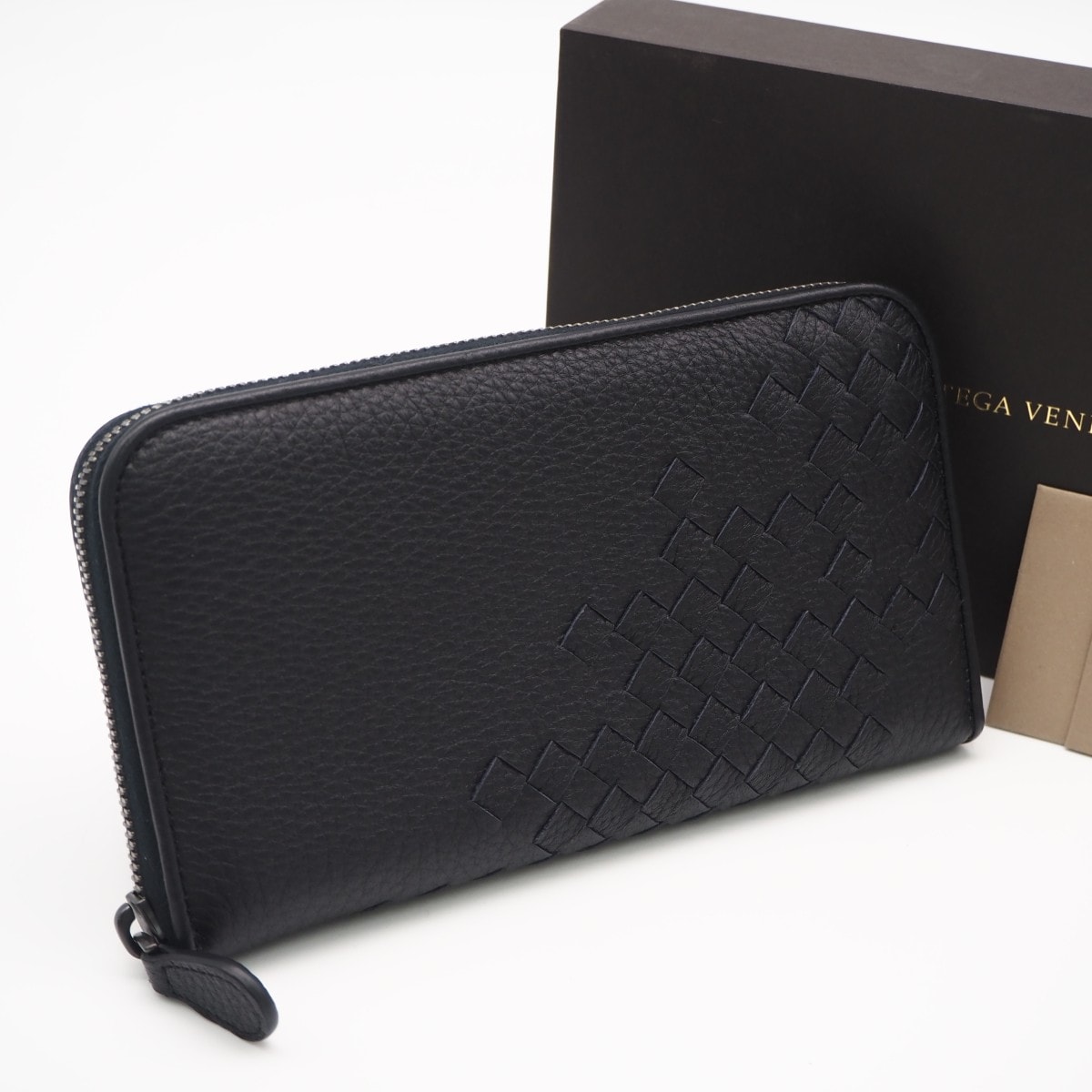 極美品 BOTTEGAVENETA ボッテガヴェネタ イントレッチオ インペラトーレ ジップアラウンドウォレット 114076 長財布 ネイビー ラムスキン メンズ