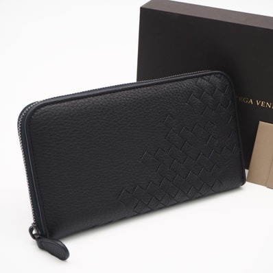 極美品 BOTTEGAVENETA ボッテガヴェネタ イントレッチオ インペラトーレ ジップアラウンドウォレット 114076 長財布 ネイビー ラムスキン メンズ