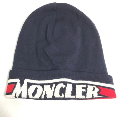 モンクレール MONCLER ロゴ ビーニー 帽子 ニット帽 ニットキャップ ニット帽 ウール ネイビー 美品