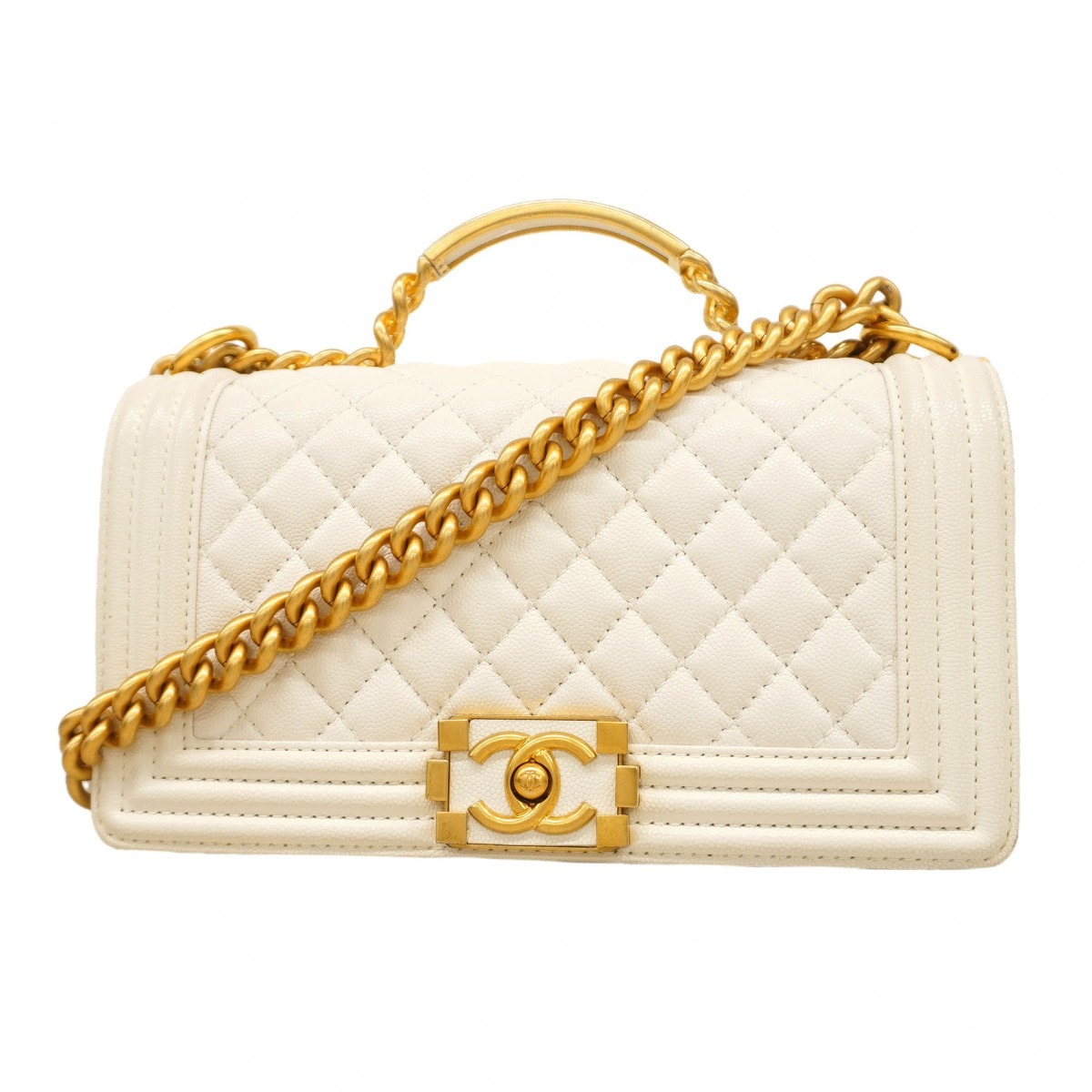 ★最終価格★SALE【6db1325】シャネル ハンドバッグ ボーイシャネル チェーンショルダー キャビアスキン ホワイト ゴールド金具 2wayバッグ【中古】レディース