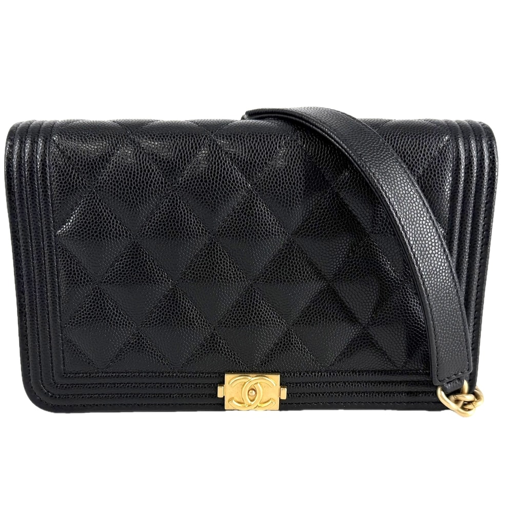 CHANEL シャネル チェーンウォレット マトラッセ ボーイシャネル ココマーク 肩掛け 斜め掛け BOY CHANEL キャビアスキン ブラック 黒 マットゴールド金具 レディース【中古品】