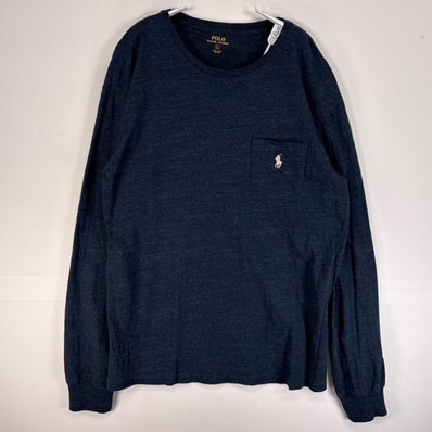 古着 ポロ・ラルフローレン POLO RALPH LAUREN 長袖Tシャツ ロゴ 刺繍 胸ポケ クルーネック L ネイビー系 無地 メンズ