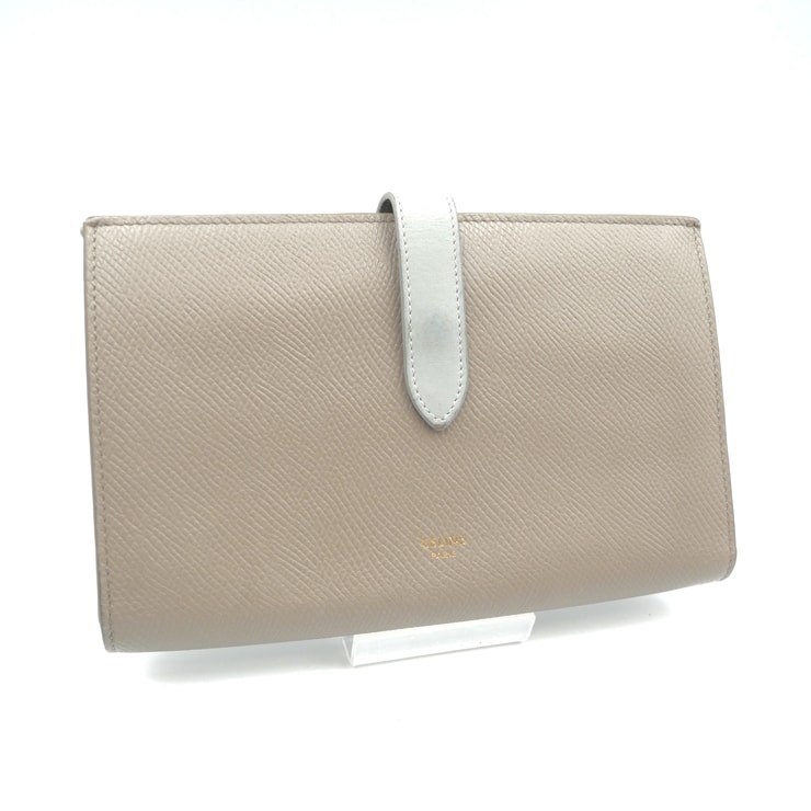 CELINE(セリーヌ)ラージ ストラップウォレット 長財布 バイカラー グレージュ系 レザー ゴールド金具 レディース【中古】
