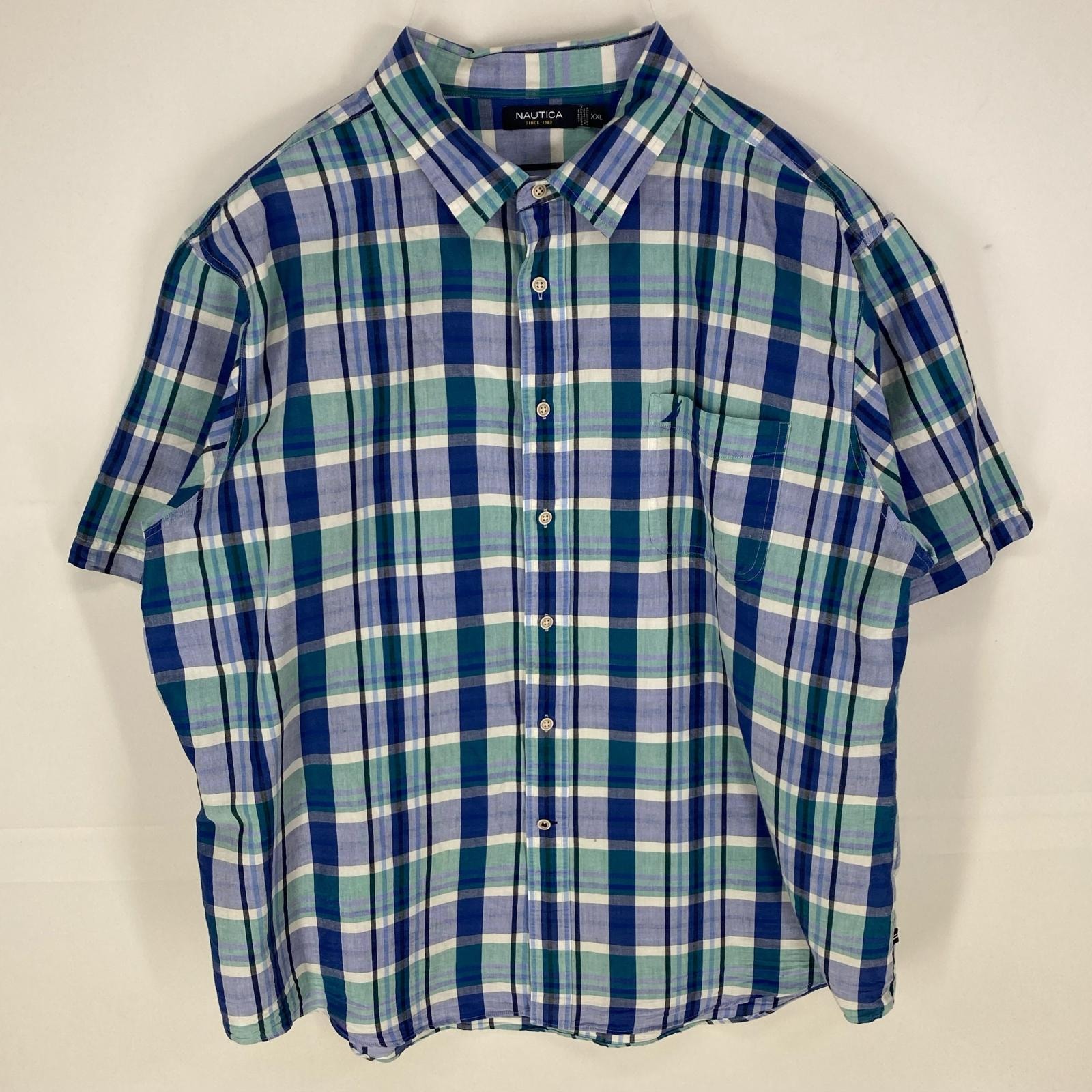 古着 ノーティカ NAUTICA 半袖シャツ 刺繍ロゴ 大きいサイズ ワンポイント ショートスリーブ 2XL ブルー系 チェック メンズ