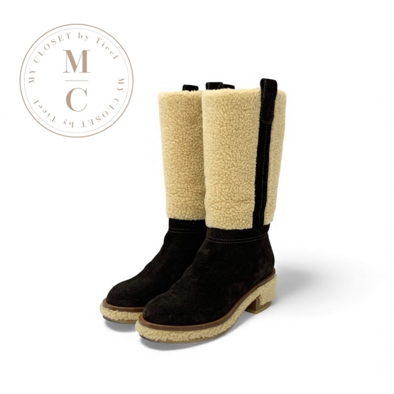 シャネル CHANEL ブーツ ロングブーツ 靴 シューズ ムートン スエード ブラウン ベージュ ココマーク