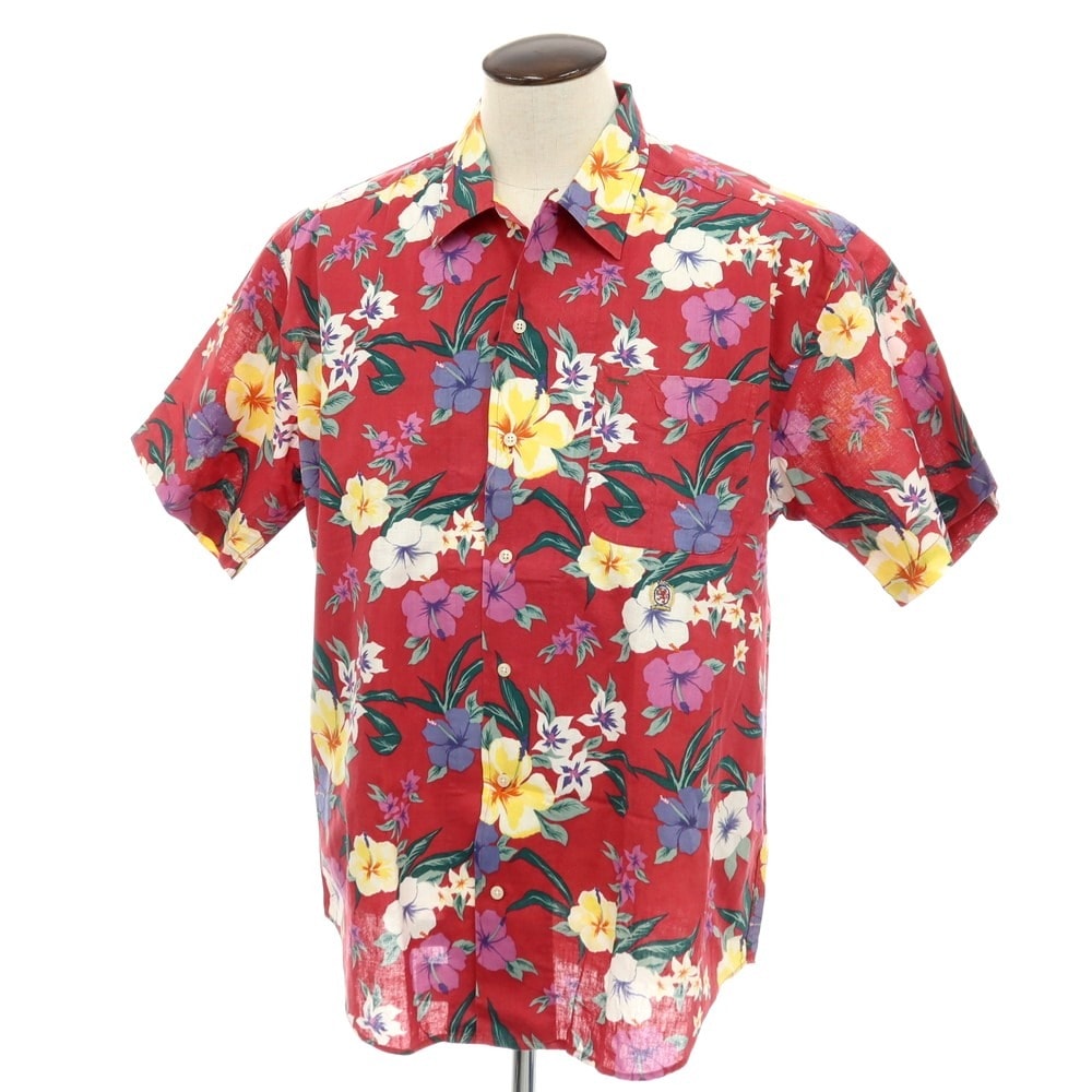 【中古】トミーヒルフィガー TOMMY HILFIGER リネンコットン ボタニカル柄 プリント オープンカラー 半袖シャツ レッド【サイズXL】【メンズ】
