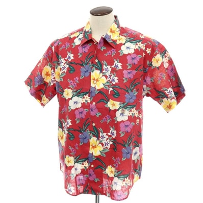 【中古】トミーヒルフィガー TOMMY HILFIGER リネンコットン ボタニカル柄 プリント オープンカラー 半袖シャツ レッド【サイズXL】【メンズ】