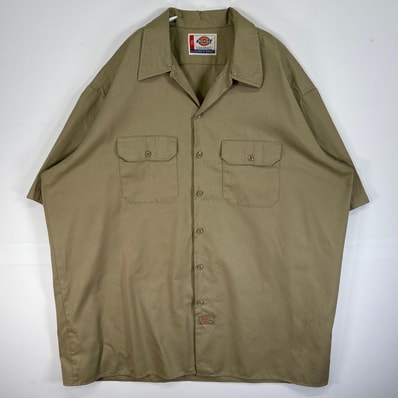 古着 ディッキーズ Dickies 半袖シャツ ワーク 作業着 フラップポケ 大きいサイズ ワンポイント ロゴ 2XL ベージュ 無地 メンズ
