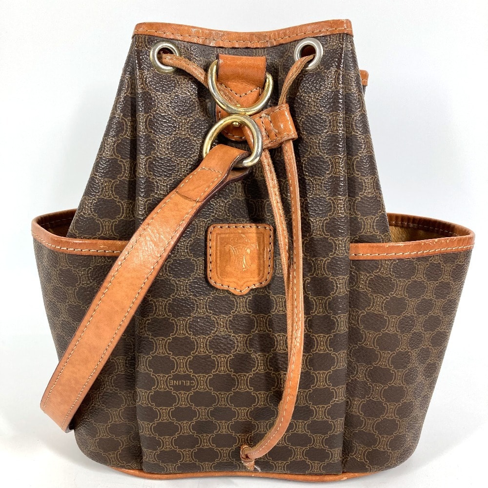 セリーヌ CELINE マカダム ロゴ ヴィンテージ カバン 巾着 斜め掛け ショルダーバッグ レザー/キャンバス ブラウン
