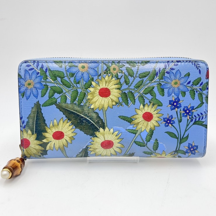 GUCCI(グッチ)ニューフローラ ジップアラウンドウォレット 長財布 フラワープリント ブルー レザー バンブータッセル 453158【中古】