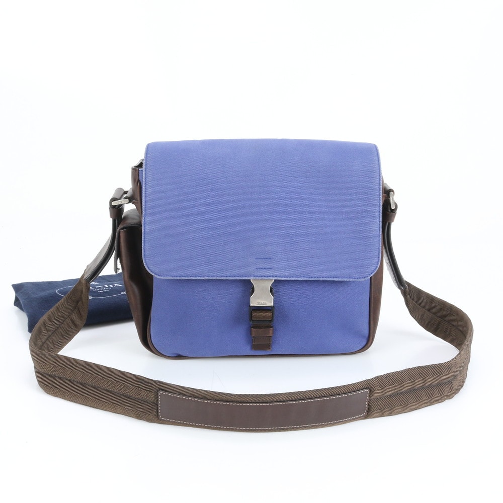 ■美品 プラダ ブルーショルダーバッグ レザー×キャンバス