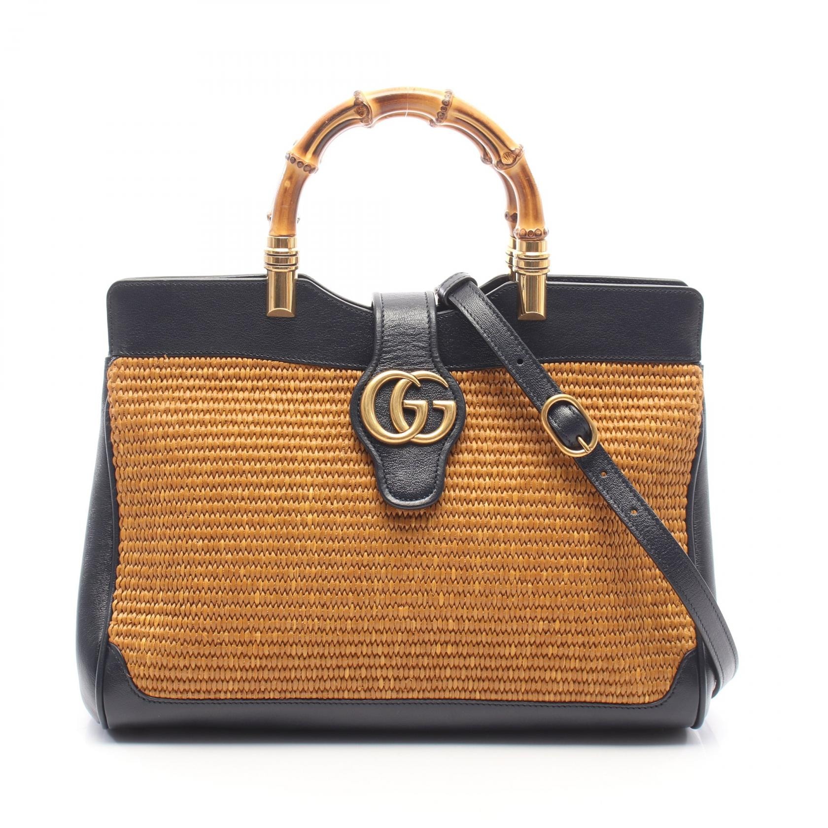 グッチ GUCCI GGマーモント バンブー 日本限定 2WAY ハンドバッグ バッグ レザー ストロー レディース ブラウン系 / ネイビー系 655657 【中古】