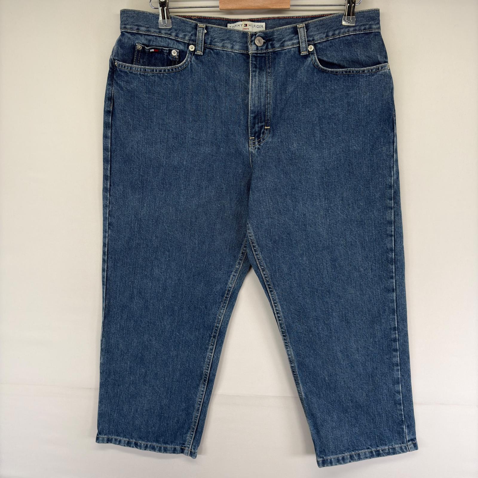 古着 トミーヒルフィガー TOMMY HILFIGER デニム パンツ ワンポイントロゴ 刺繍ロゴ 5ポケット レザーパッチ 14  ブルー系 レディース